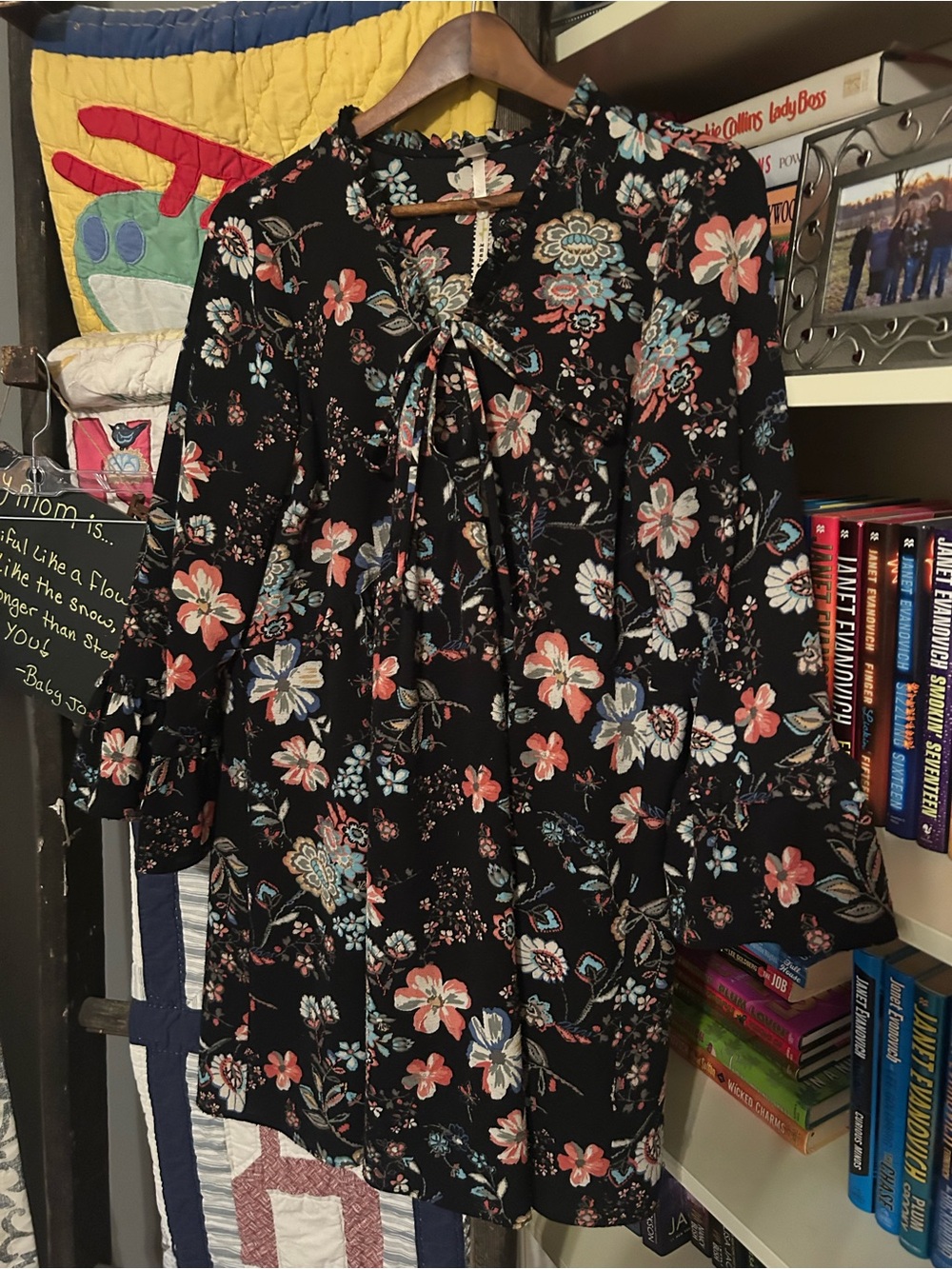 Uncle Frank Black Floral Tie-Neck Dress with Pink and Blue Blooms